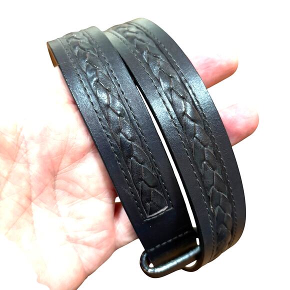 Talbots Navy Blue leather belt brass buckle textured braided classic preppy S main image 6
